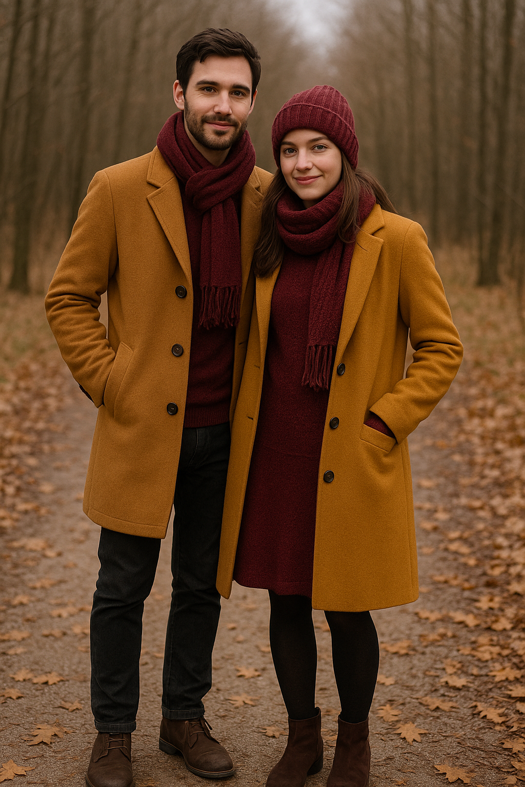 Two people in mustard coats and burgundy scarves standing on a leaf-covered forest path.