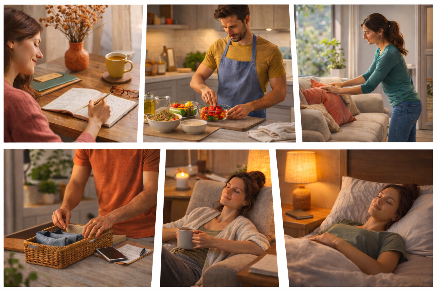 Collage of people relaxing at home, cooking, baking, and resting in warm evening light.