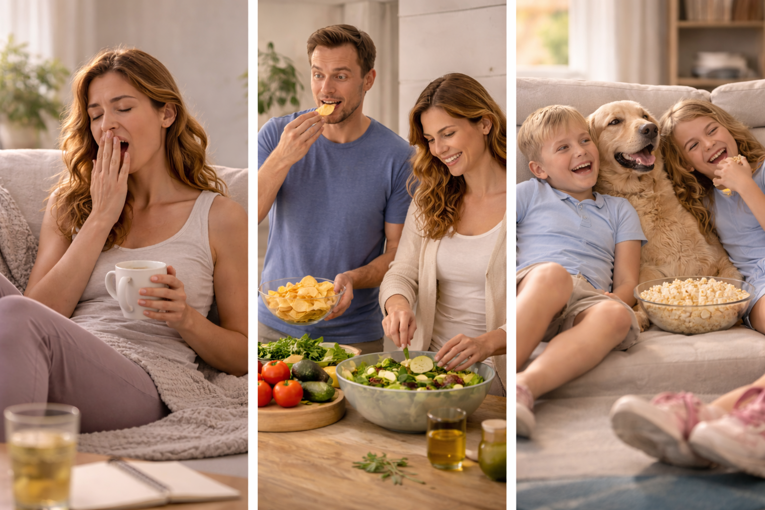 Three cozy family scenes: yawning in bed, preparing salad, and snacking on a couch.