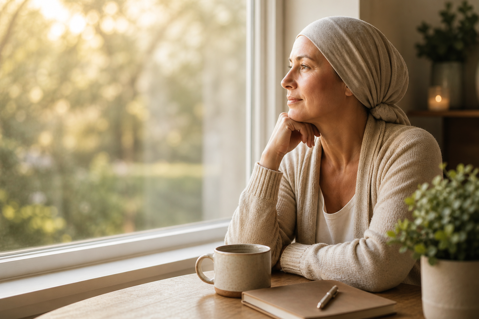 Person gazing out a window beside a mug, notebook, and potted plant in warm morning light