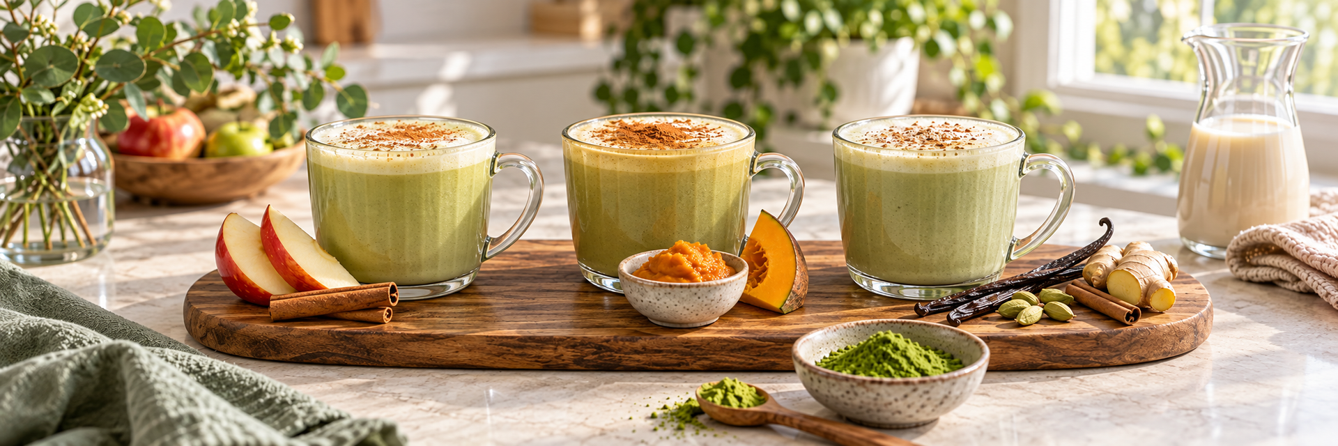 Three fall matcha lattes with apple, pumpkin, vanilla chai spices, and matcha powder on countertop.