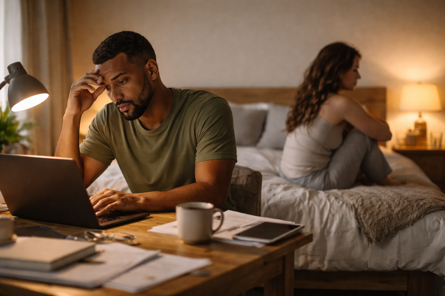 Couple in a bedroom at night, one working on a laptop while the other sits on the bed apart from them