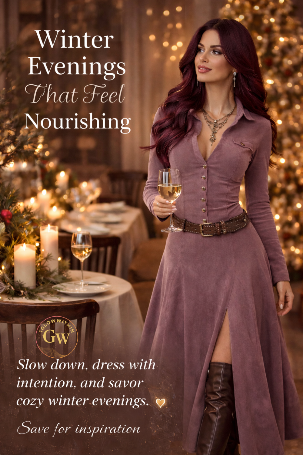 Woman in mauve dress holding wine at a warmly lit winter dinner table.