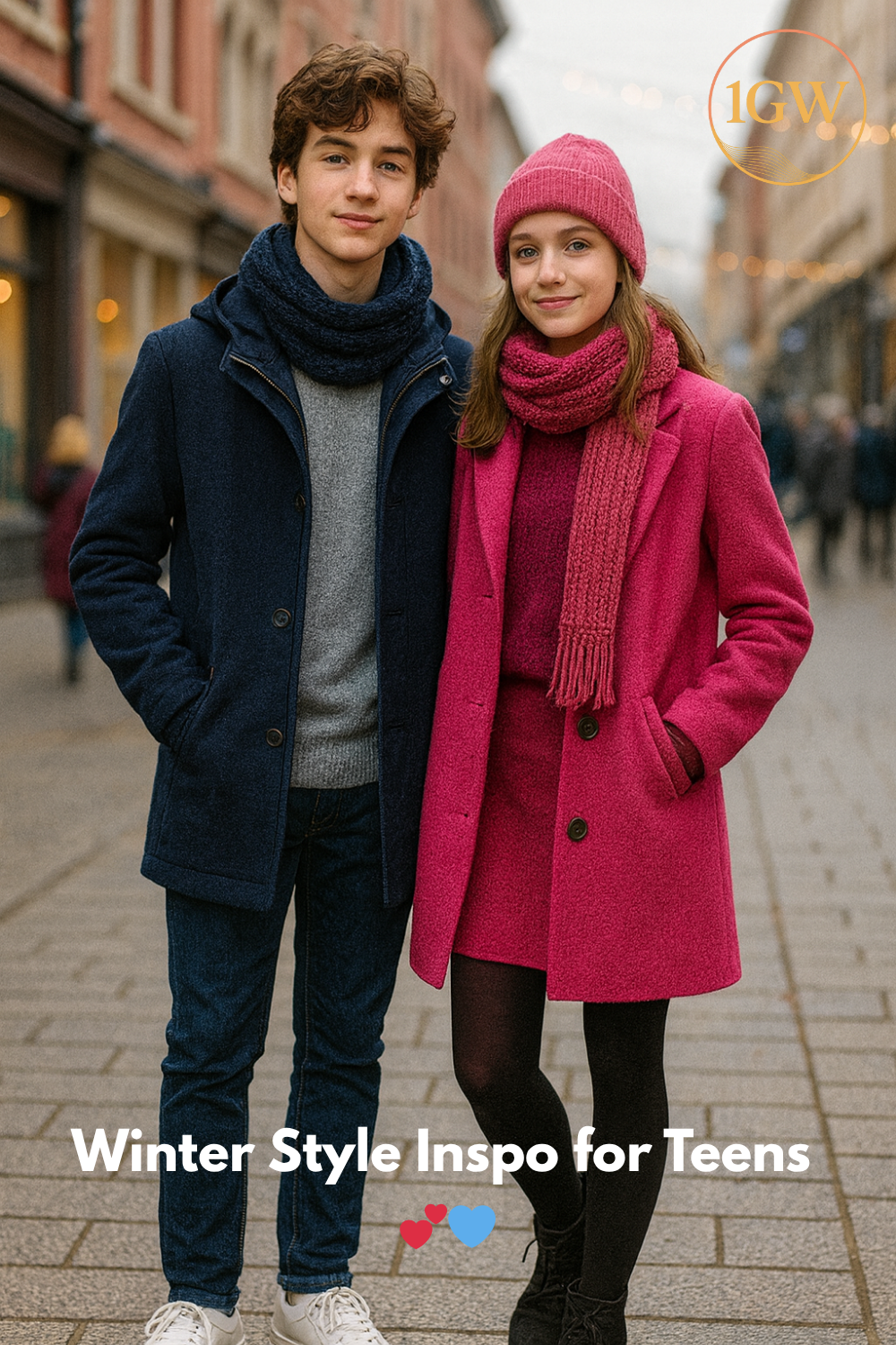 Two teens in winter coats and scarves stand on a cobblestone street, with “Winter Style Inspo for Teens” text.