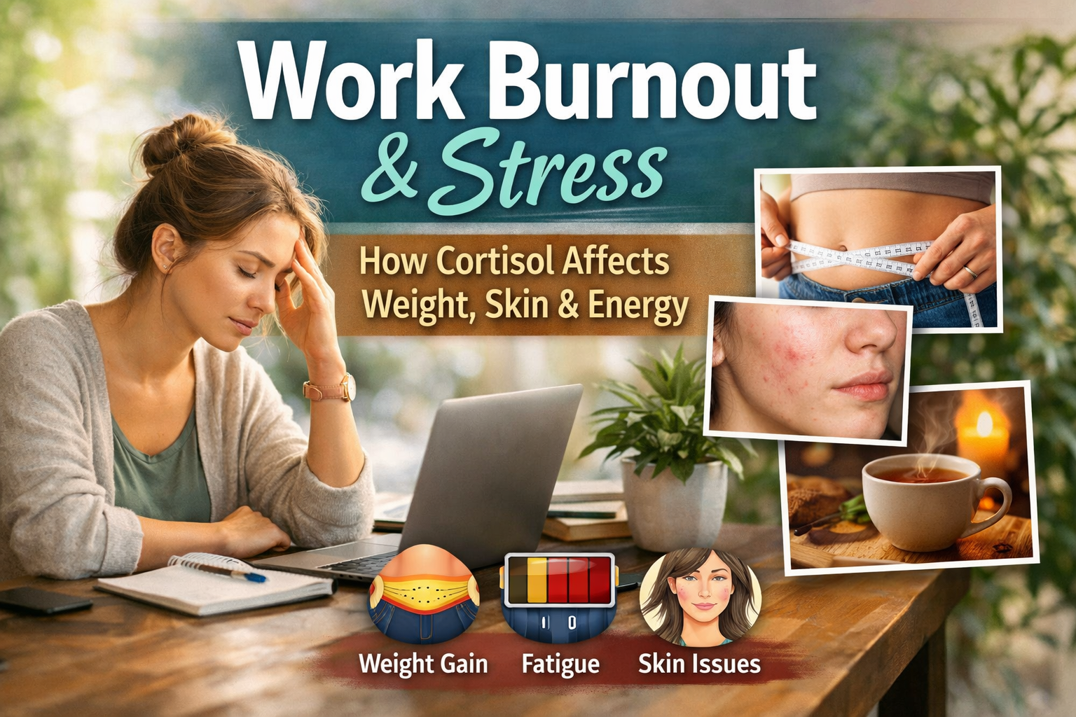 Work burnout and stress poster cutouts of hands, face and coffee, plus “Weight Gain,” “Fatigue,” “Skin Issues”