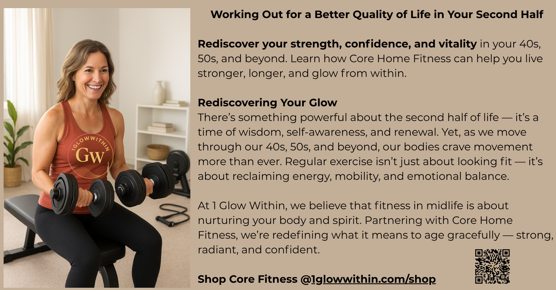 Confident woman seated on yoga mat beside dumbbells, promoting a strength and vitality coaching program