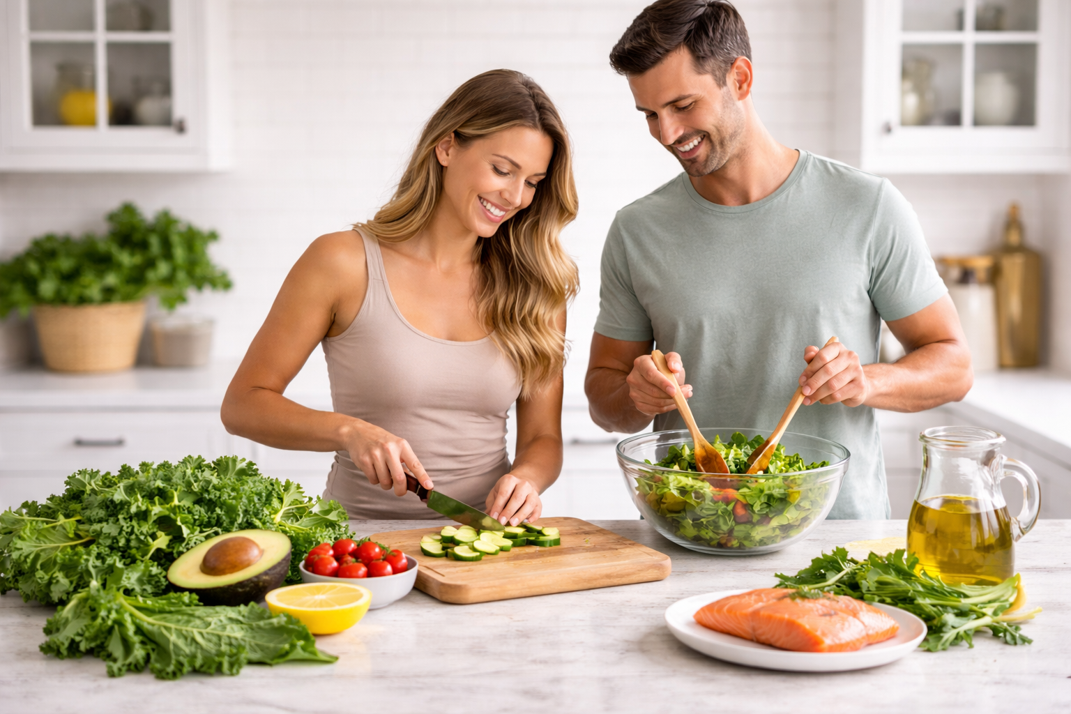 Two people prepare a healthy meal in a bright kitchen with fresh vegetables, salmon, and olive oil.