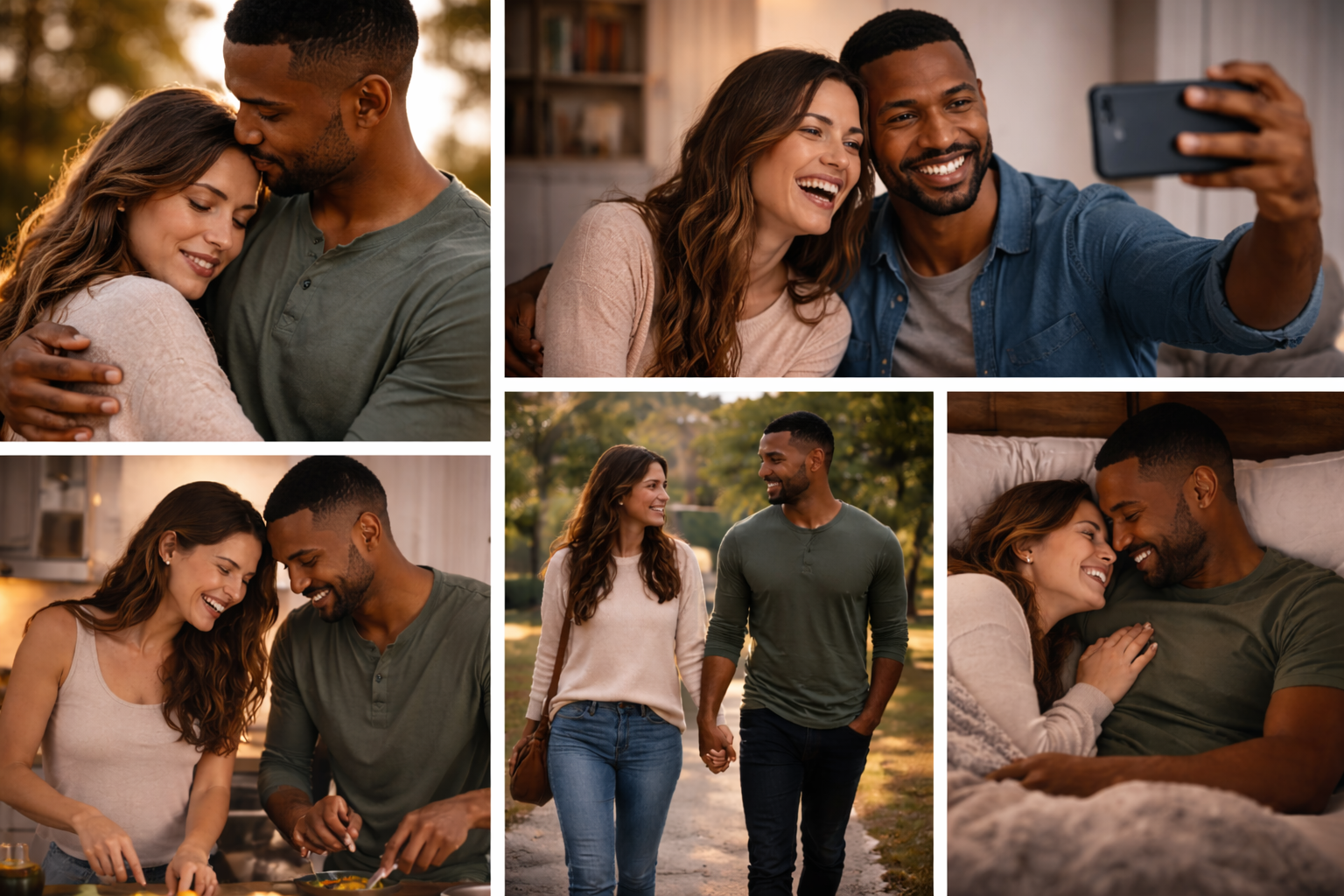Couple sharing affectionate moments in a cozy home, smiling, hugging, and walking together by candlelight.