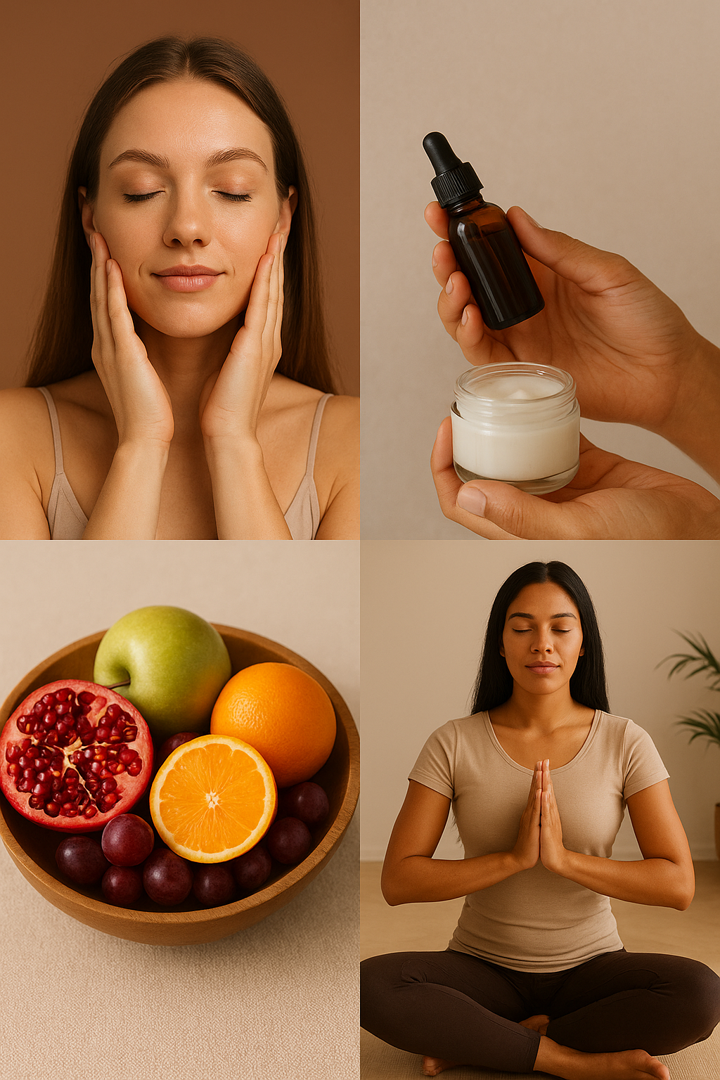 Four-panel wellness collage: woman applying skincare, serum and cream, fruit bowl, and woman meditating on a mat