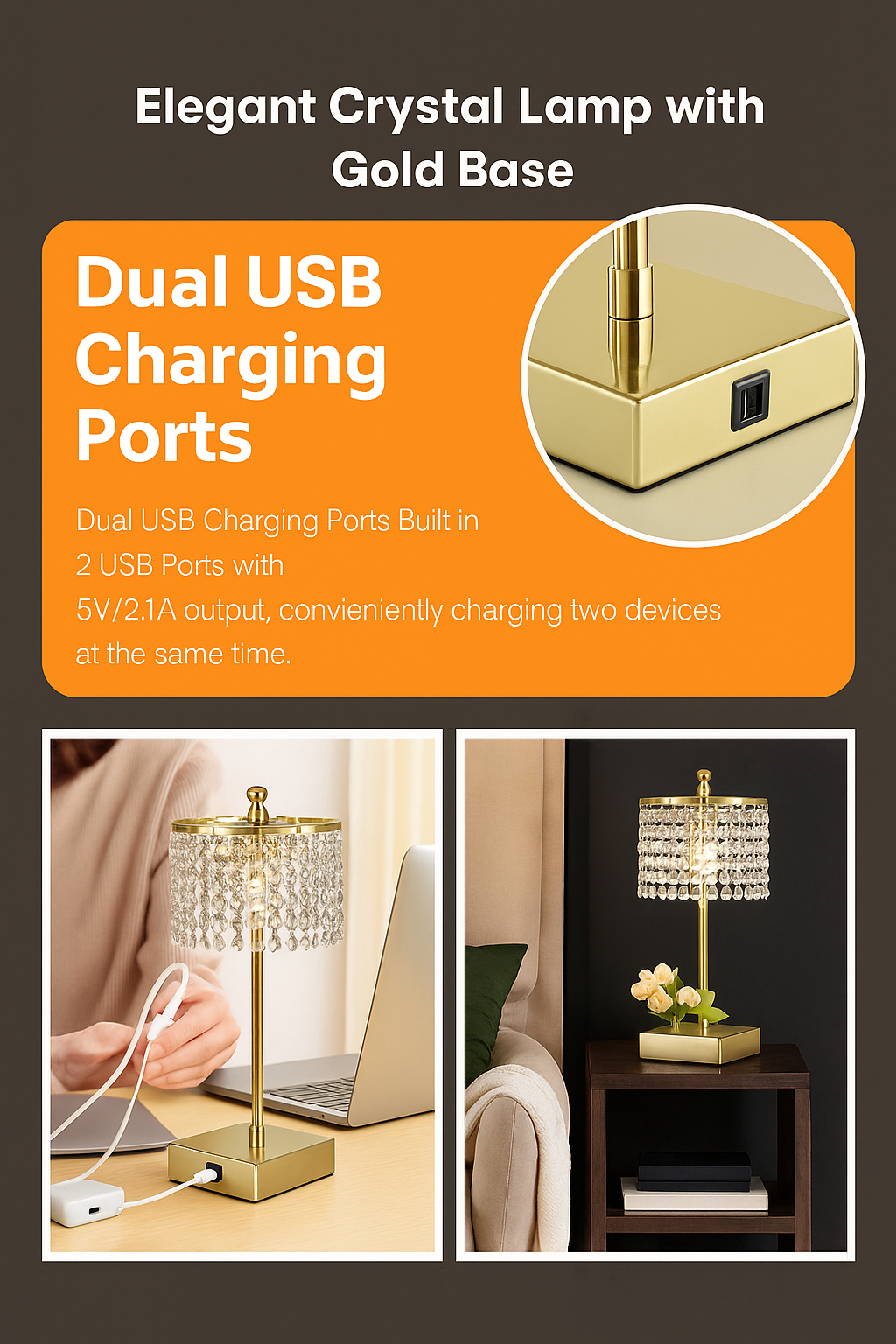 Gold-base crystal lamp with dual USB charging ports and a bedside table setup