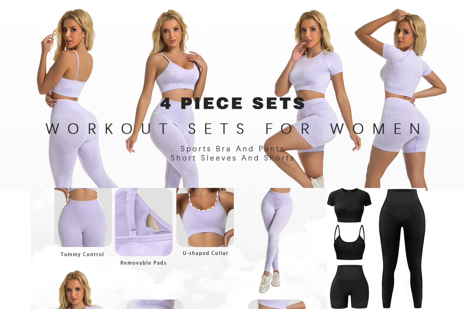 Workout set ad showing a blonde model in white and black 4-piece activewear outfits on a white background