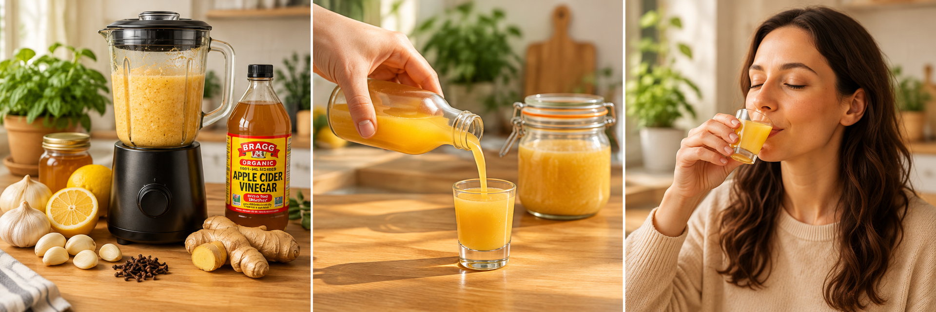 Preparing, pouring, and enjoying a lemon ginger garlic morning shot with honey and apple cider vinegar.