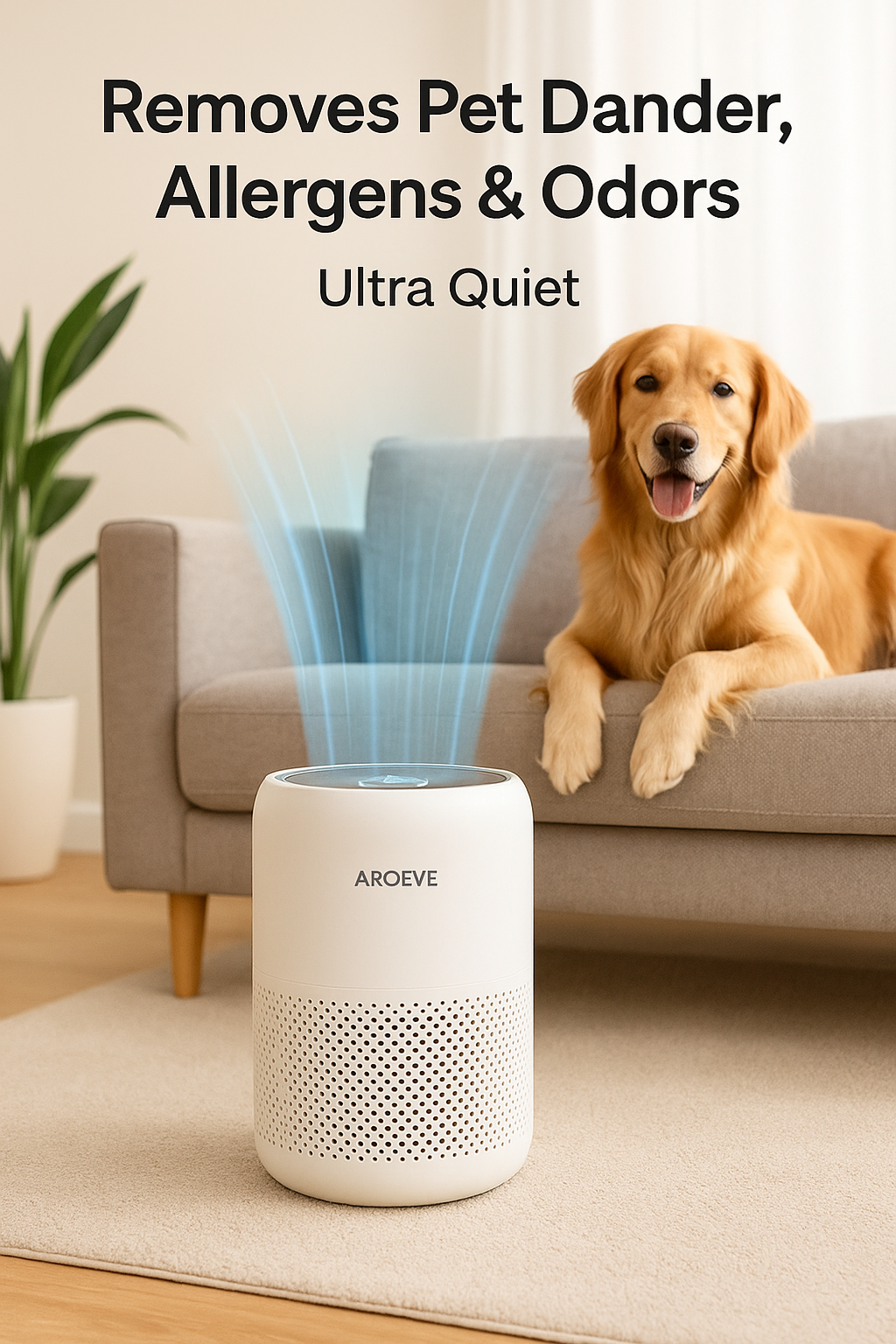 Air purifier in a living room with a golden retriever; text says it removes pet dander, allergens and odors.