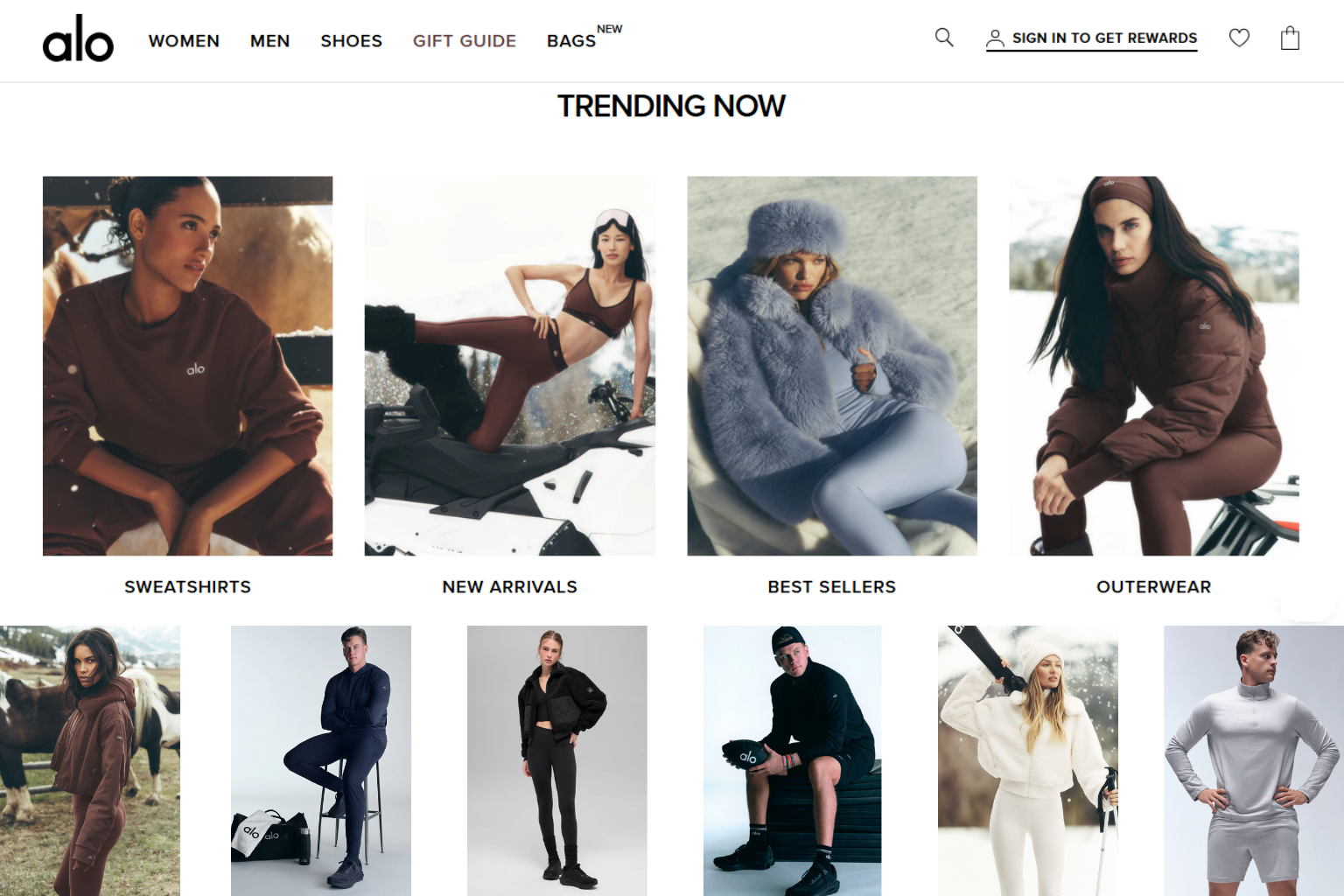 ALO clothing website “Trending Now” grid showing models in winter outfits.