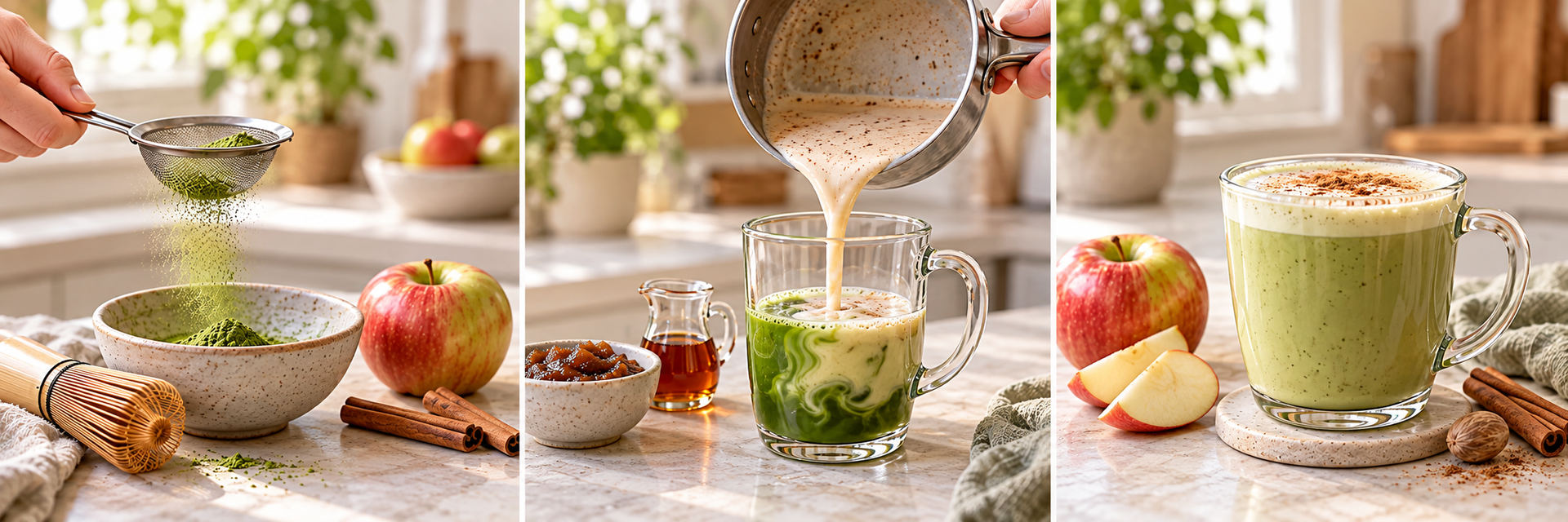 Preparing apple cinnamon matcha latte by sifting matcha, adding warm spiced milk, and serving with apples.