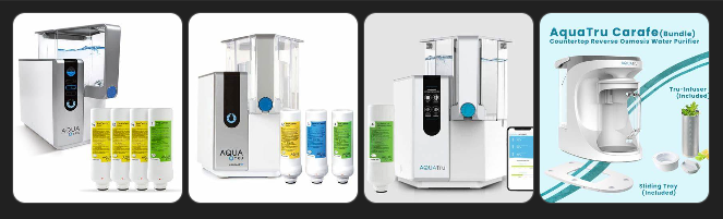 Collage of compact water purifiers with filter cartridges and blue product accents