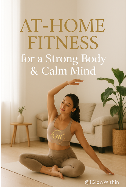 At-home fitness poster with woman stretching in a bright living room, promoting strength and calm mind
