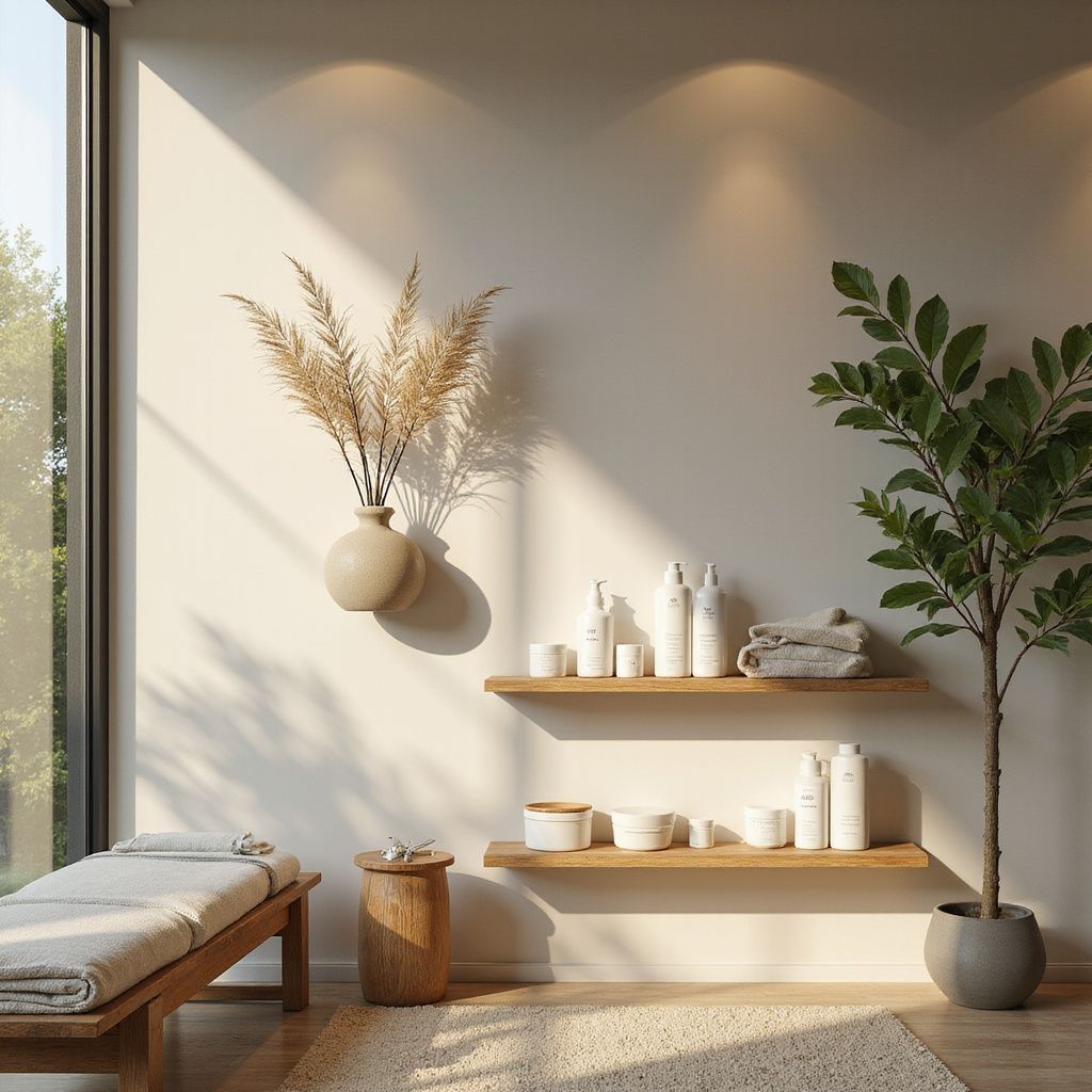 Minimal spa-style room with wooden shelves, plants, and soft sunlight on a beige wall