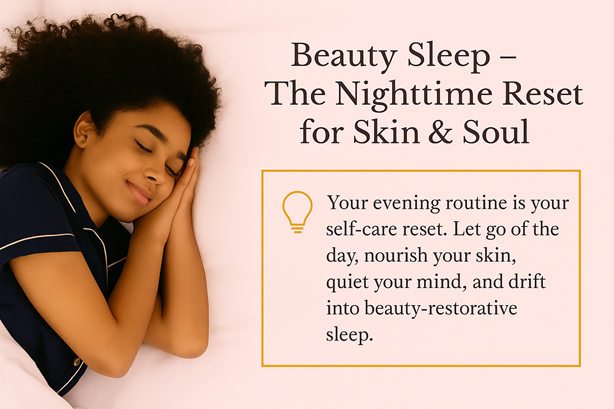Woman sleeping on a pink bed beside text reading “Beauty Sleep – The Nighttime Reset for Skin & Soul”