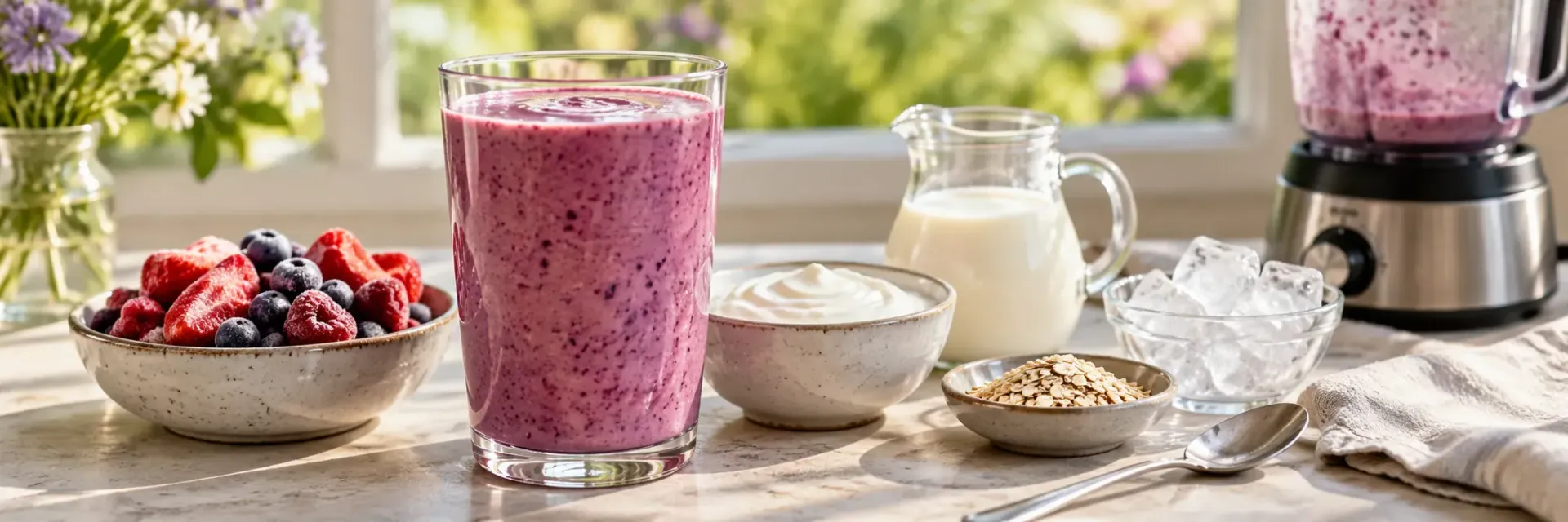 Berry smoothie with yogurt, oats, milk and frozen berries
