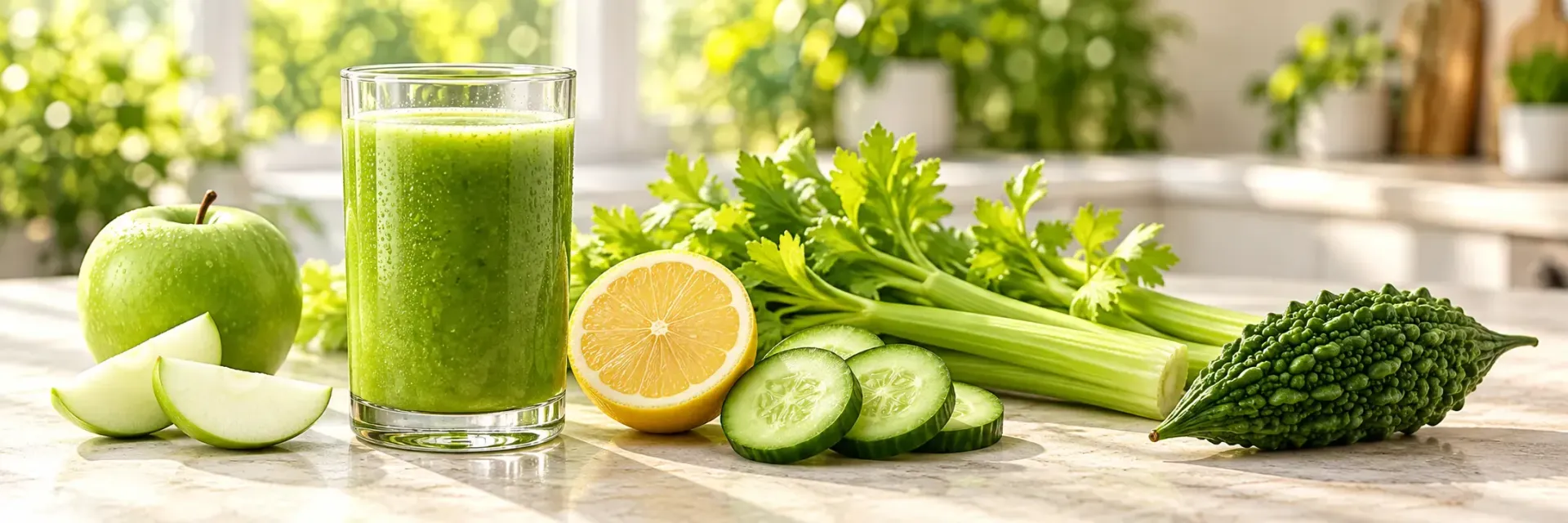 Bitter gourd green juice with apple, cucumber, celery and lemon
