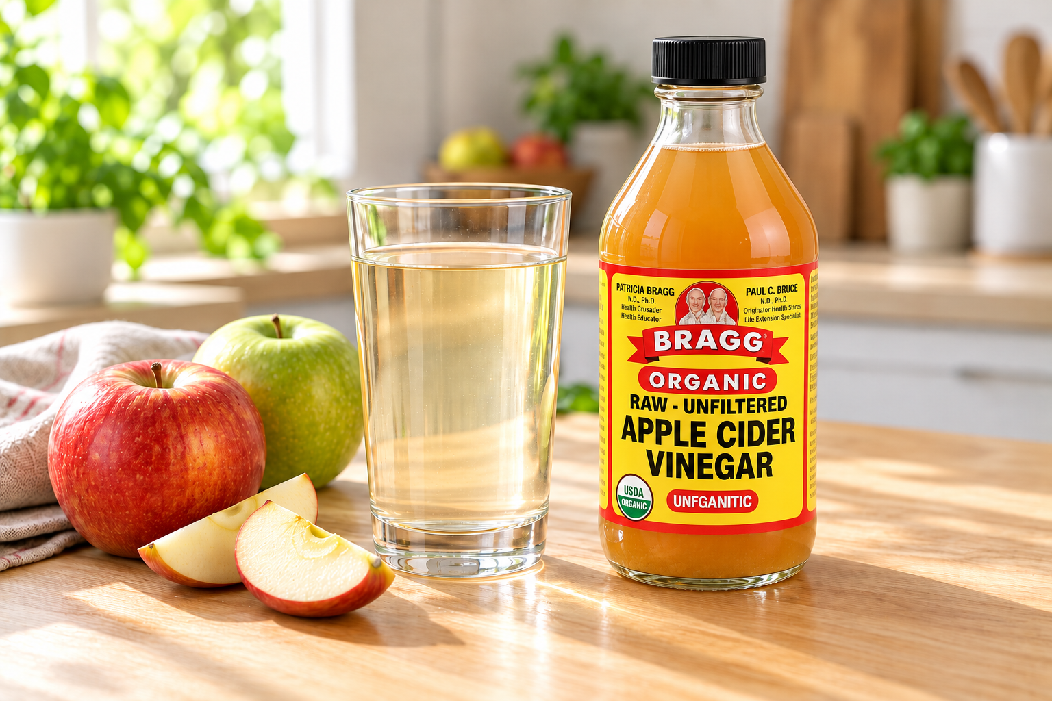 Apple cider vinegar with a glass of water and apples