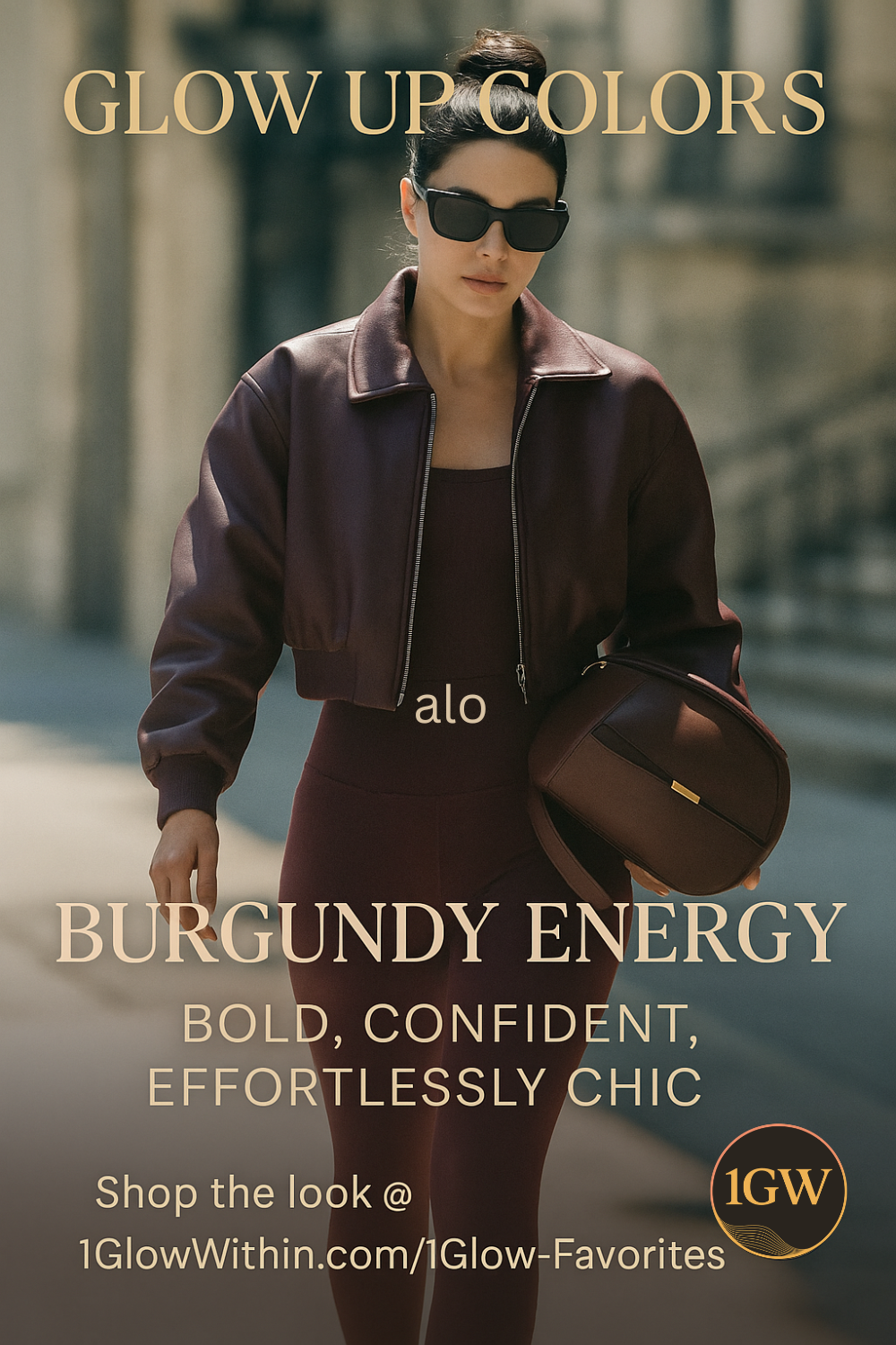 Woman in burgundy jacket and sunglasses with text “Glow Up Colors” and “Burgundy Energy” for IGW clothing ad