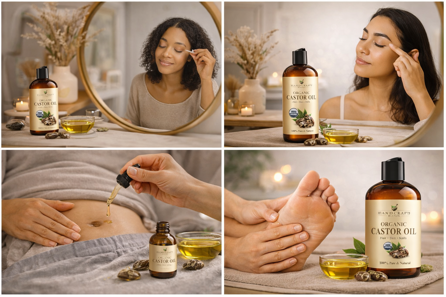 Four-panel skincare ad showing amber oil bottle, woman applying serum, facial and foot massage.