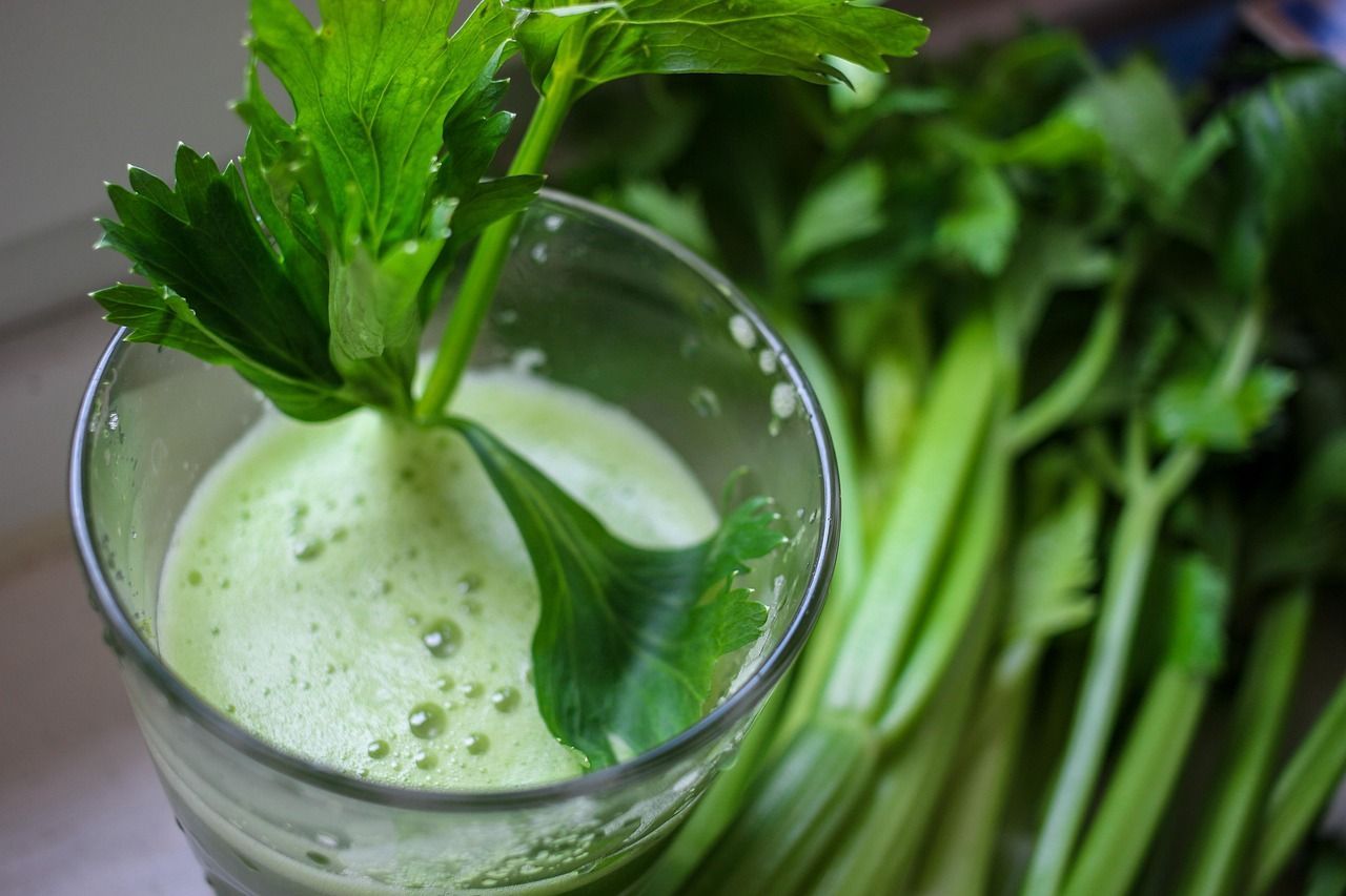 Glass of green celery juice with fresh celery stalks in the background