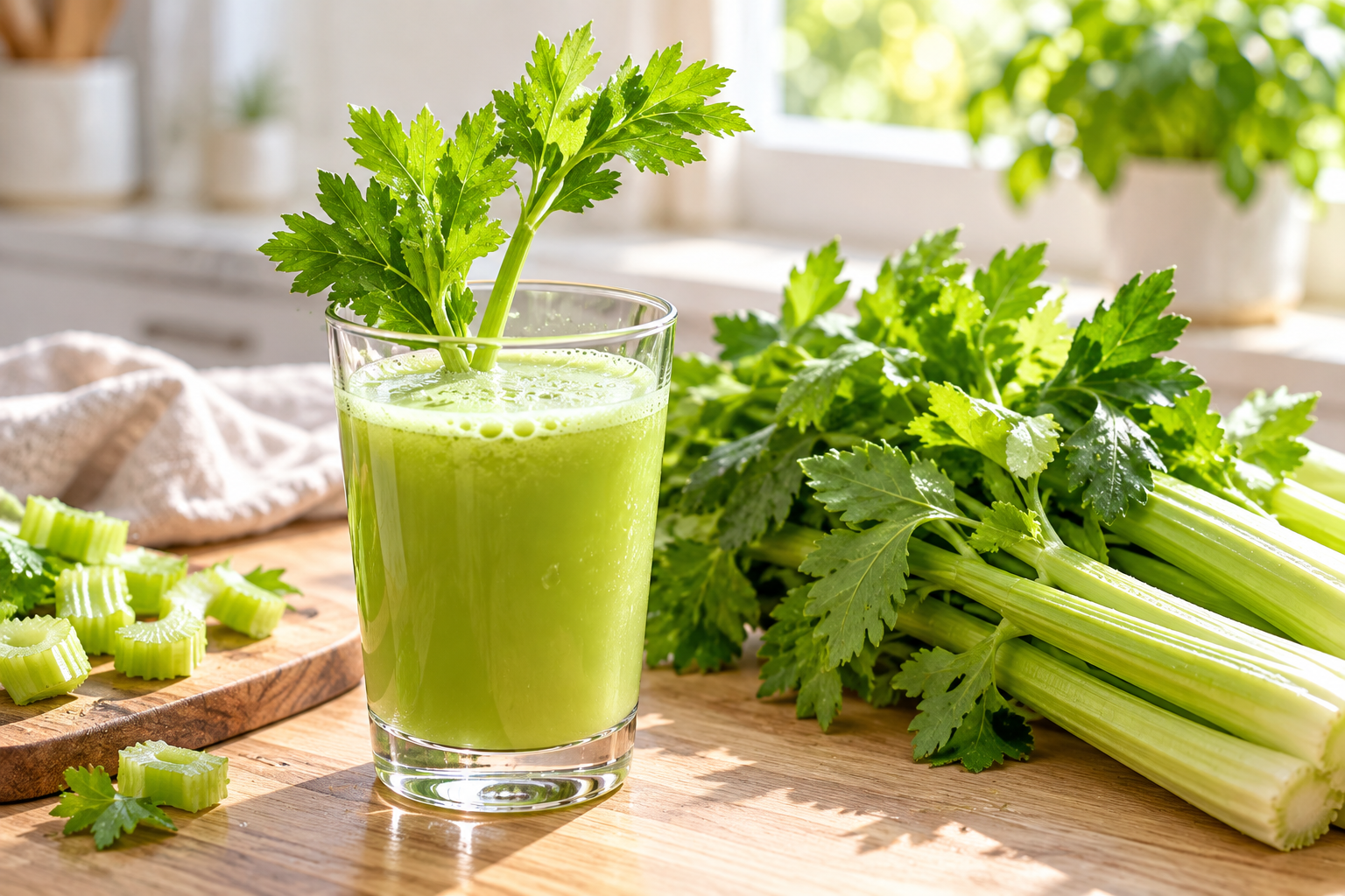 Fresh celery and a glass of celery juice