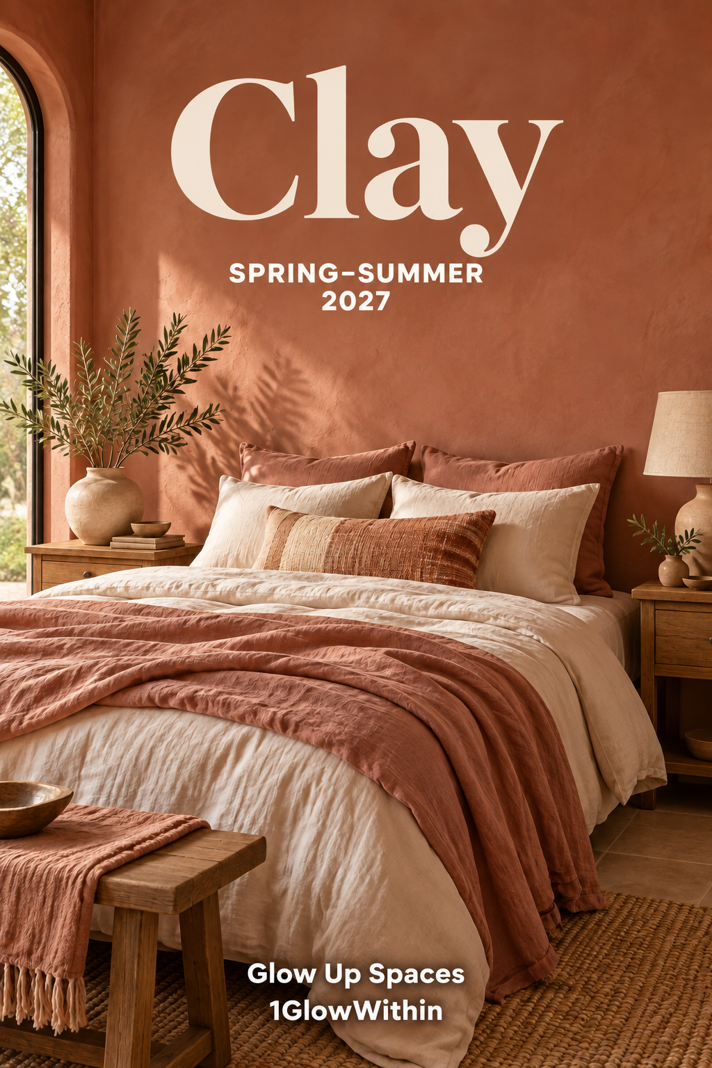 Clay-toned bedroom with linen bedding and handmade ceramics