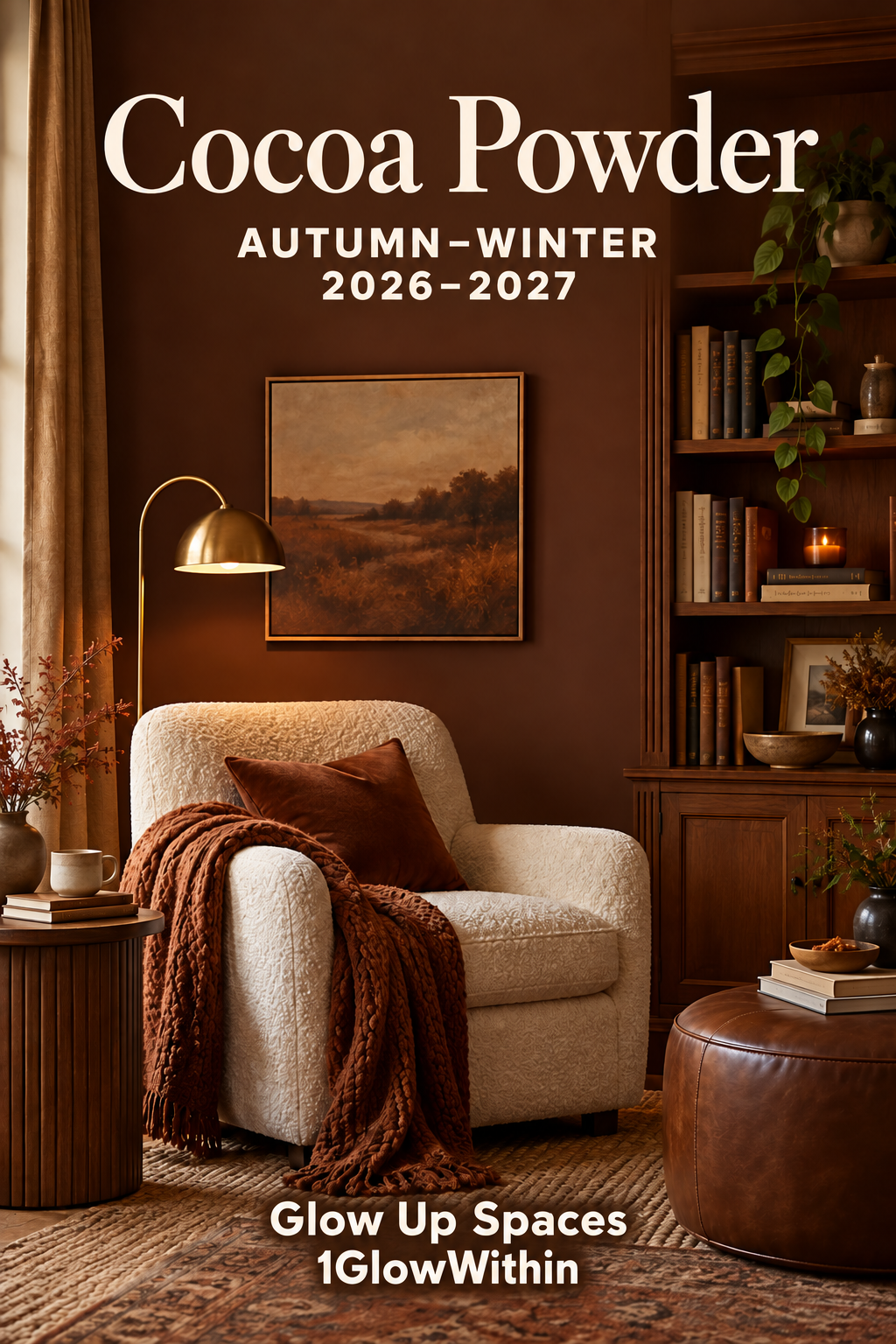 Cocoa brown reading corner with cream textured armchair