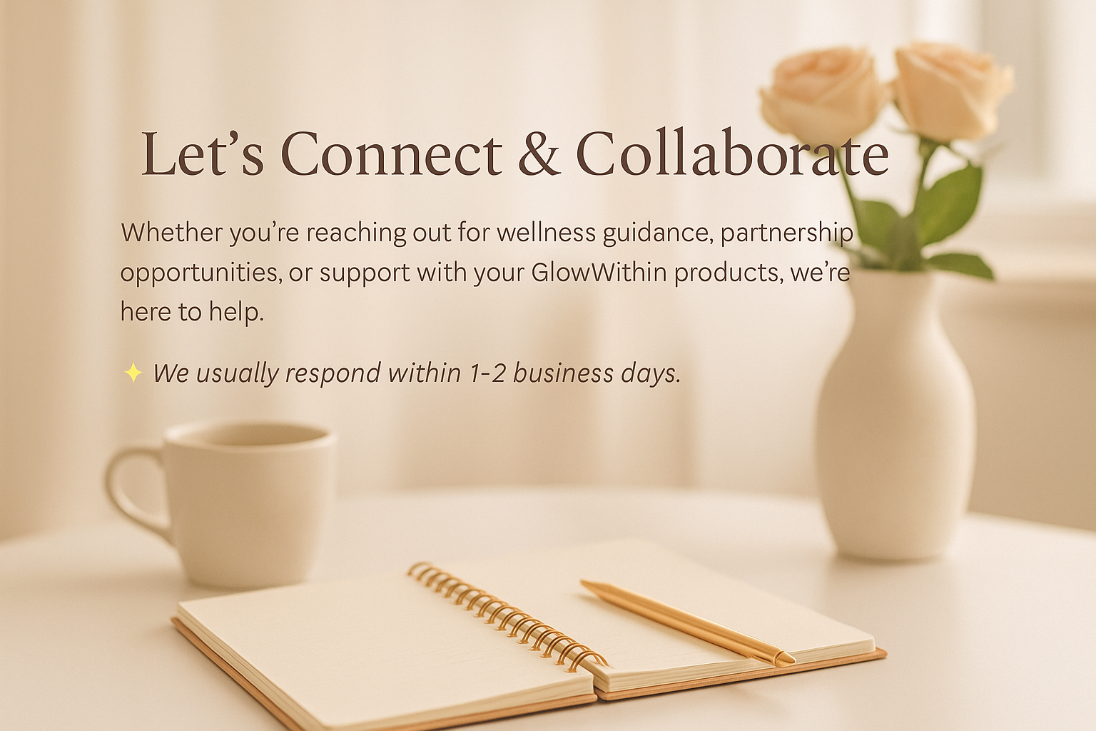 Contact us and collaborate message on a beige desk with notebook, coffee cup, and flowers.