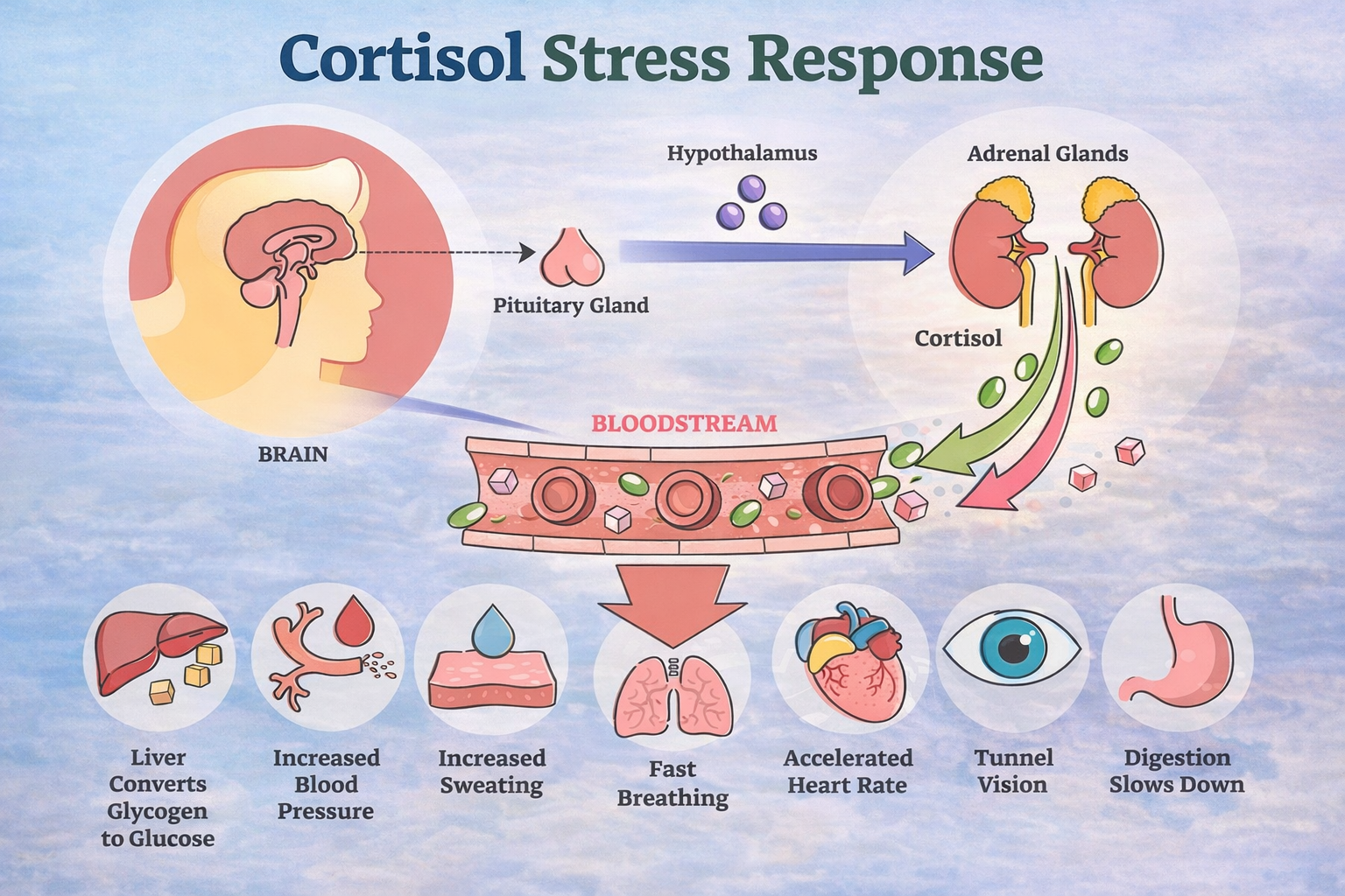 Diagram of cortisol stress response: brain, bloodstream, adrenal glands, and symptoms like sweating and rapid heartbeat
