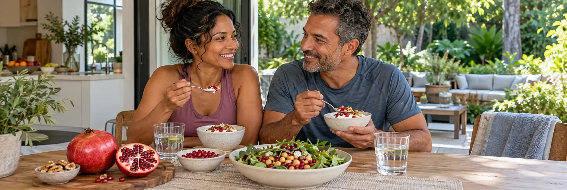Couple enjoying yogurt bowls and pomegranate salad outdoors
