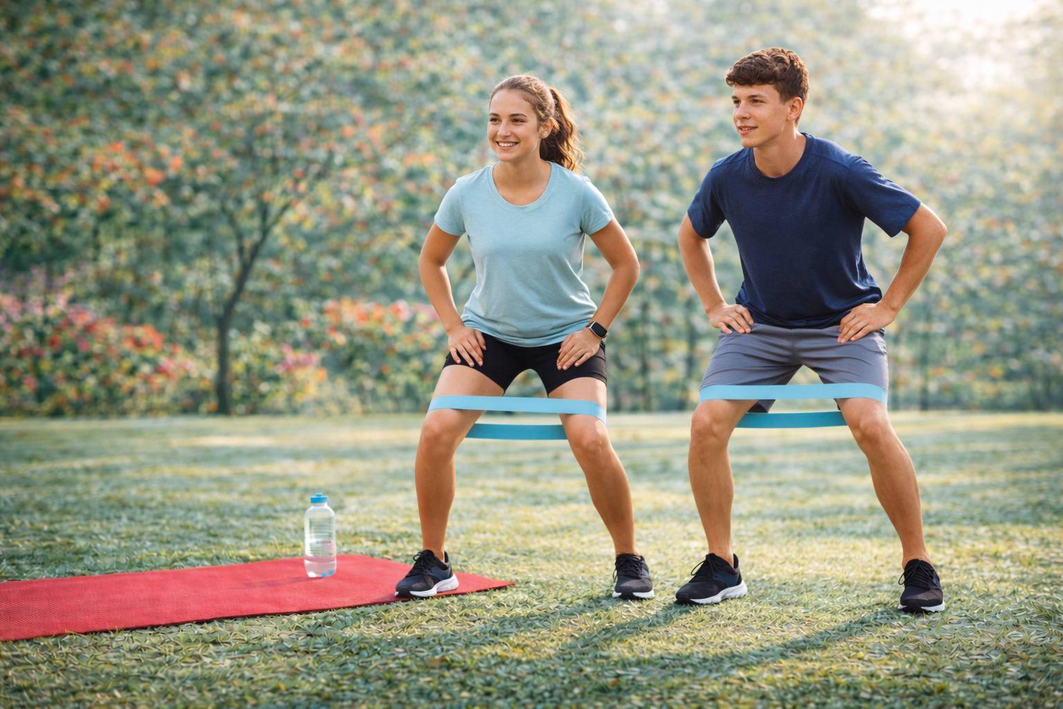 Two people doing resistance band squats on grass near a yoga mat and water bottle