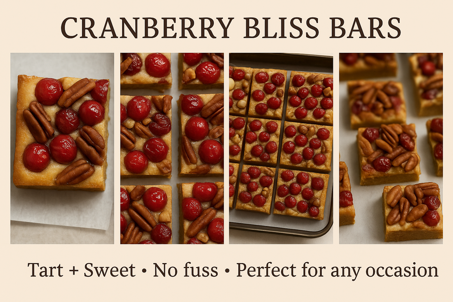 Cranberry Bliss Bars: Tart and sweet squares with pecans and cranberries. Perfect for any occasion.