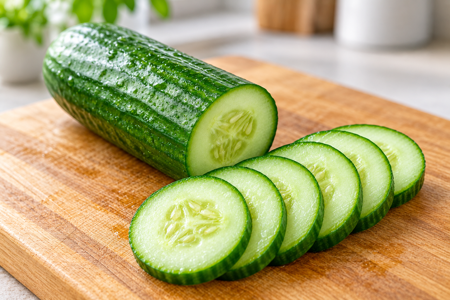 Sliced cucumber on a wooden board