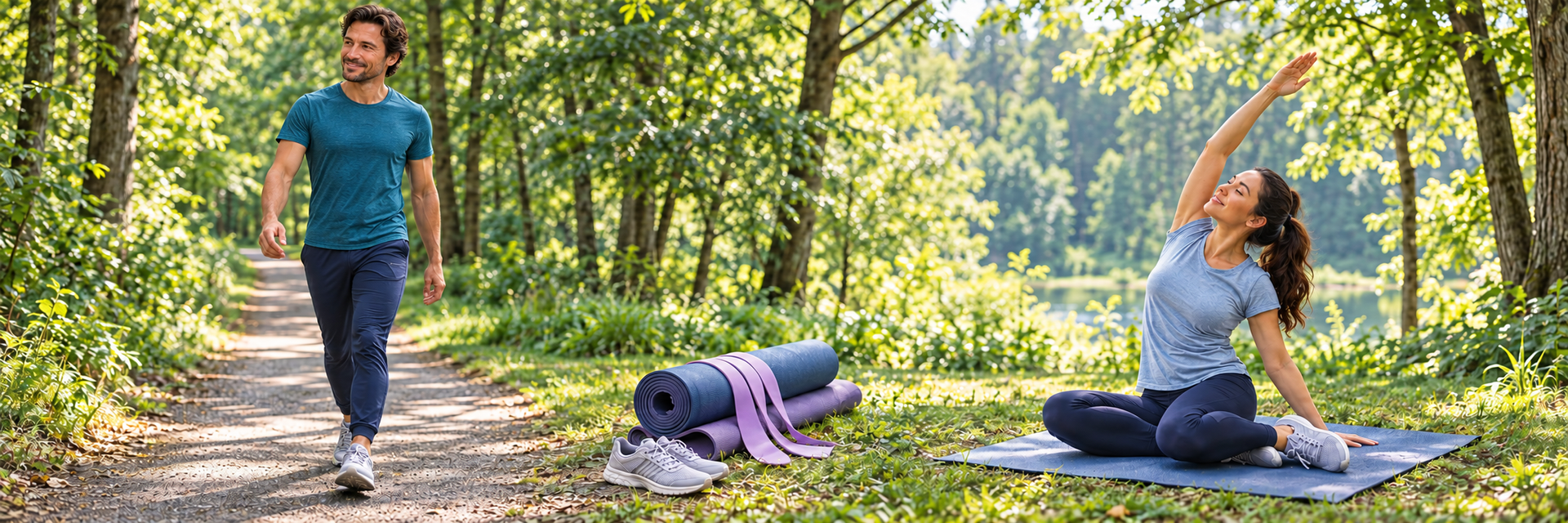 Man walking on a woodland path and woman stretching on a yoga mat