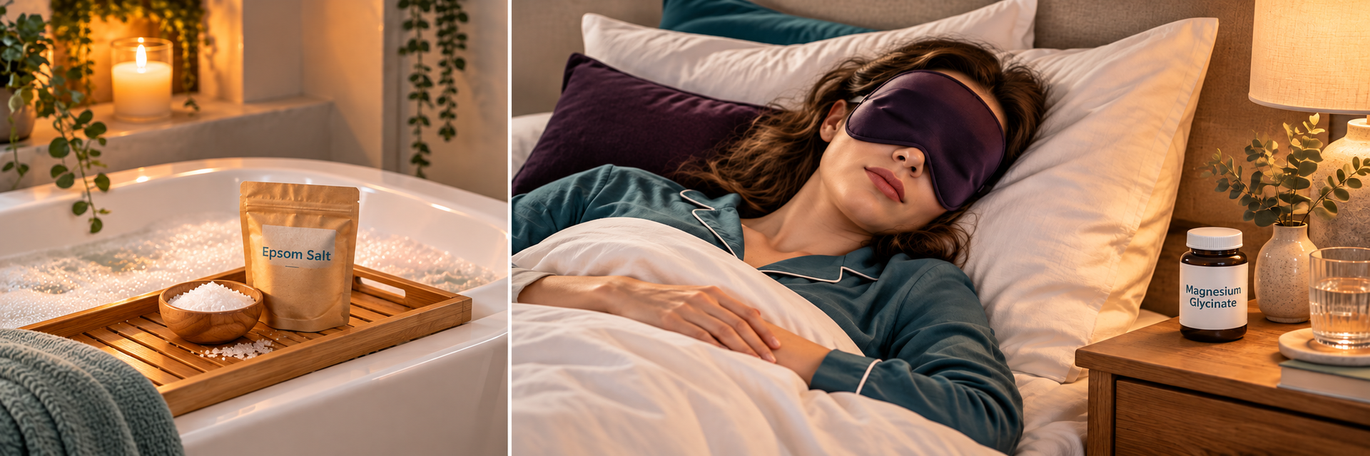 Self-care routine featuring an Epsom salt bath, woman resting with a sleep mask, and magnesium