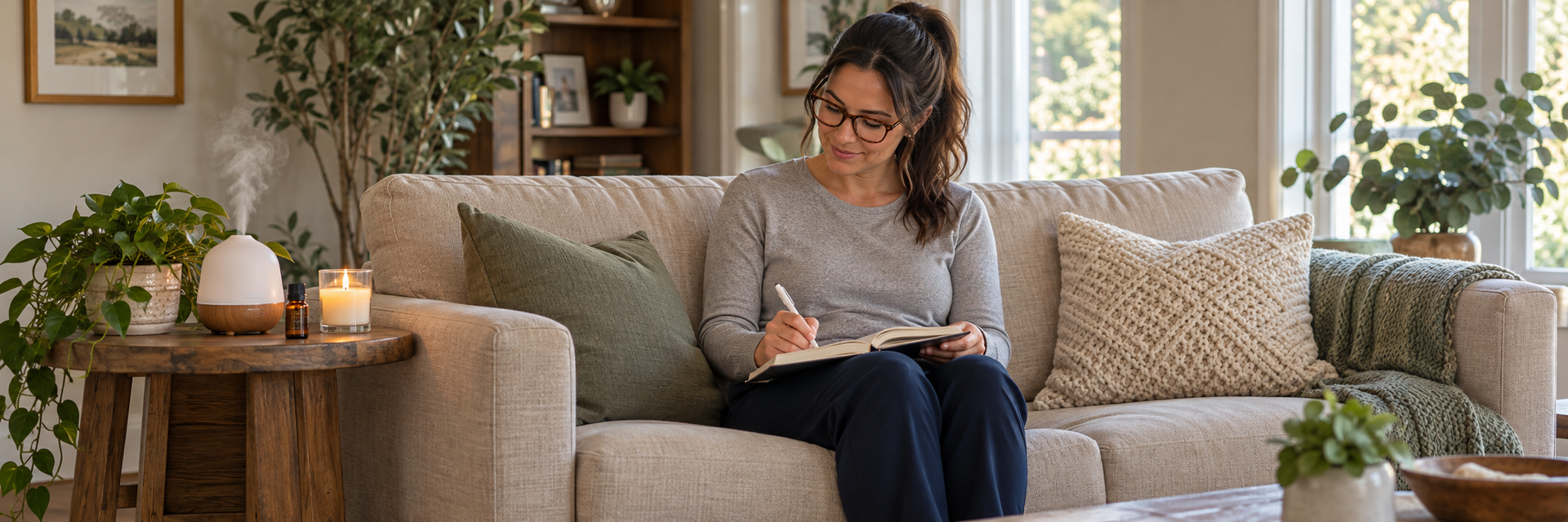 Woman writing in journal beside essential oil diffuser and candle.