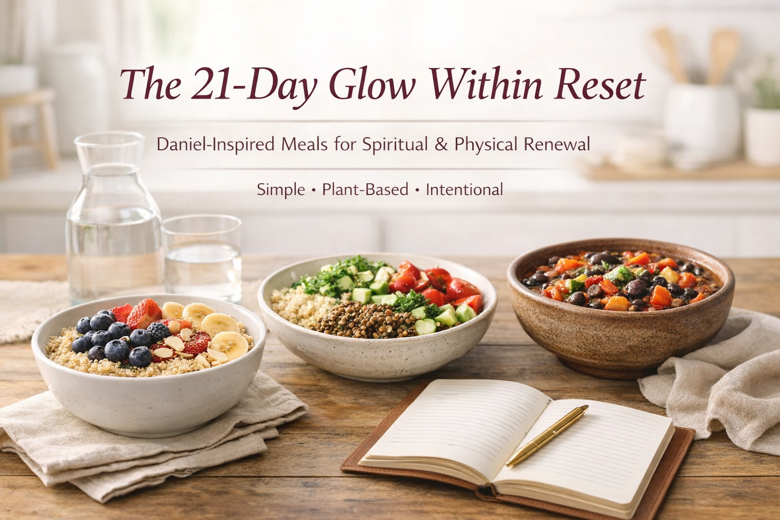 Promotional banner for “The 21-Day Glow Within Reset” with three healthy bowls, water, and an open notebook