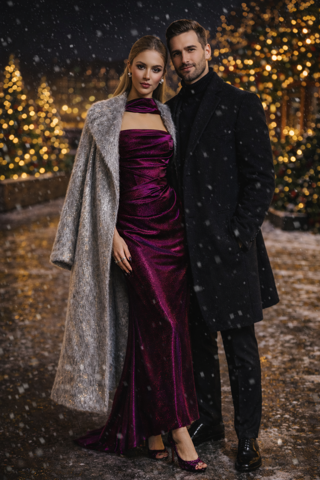 Couple posing in eveningwear outdoors, with warm lights and falling snow in the background.