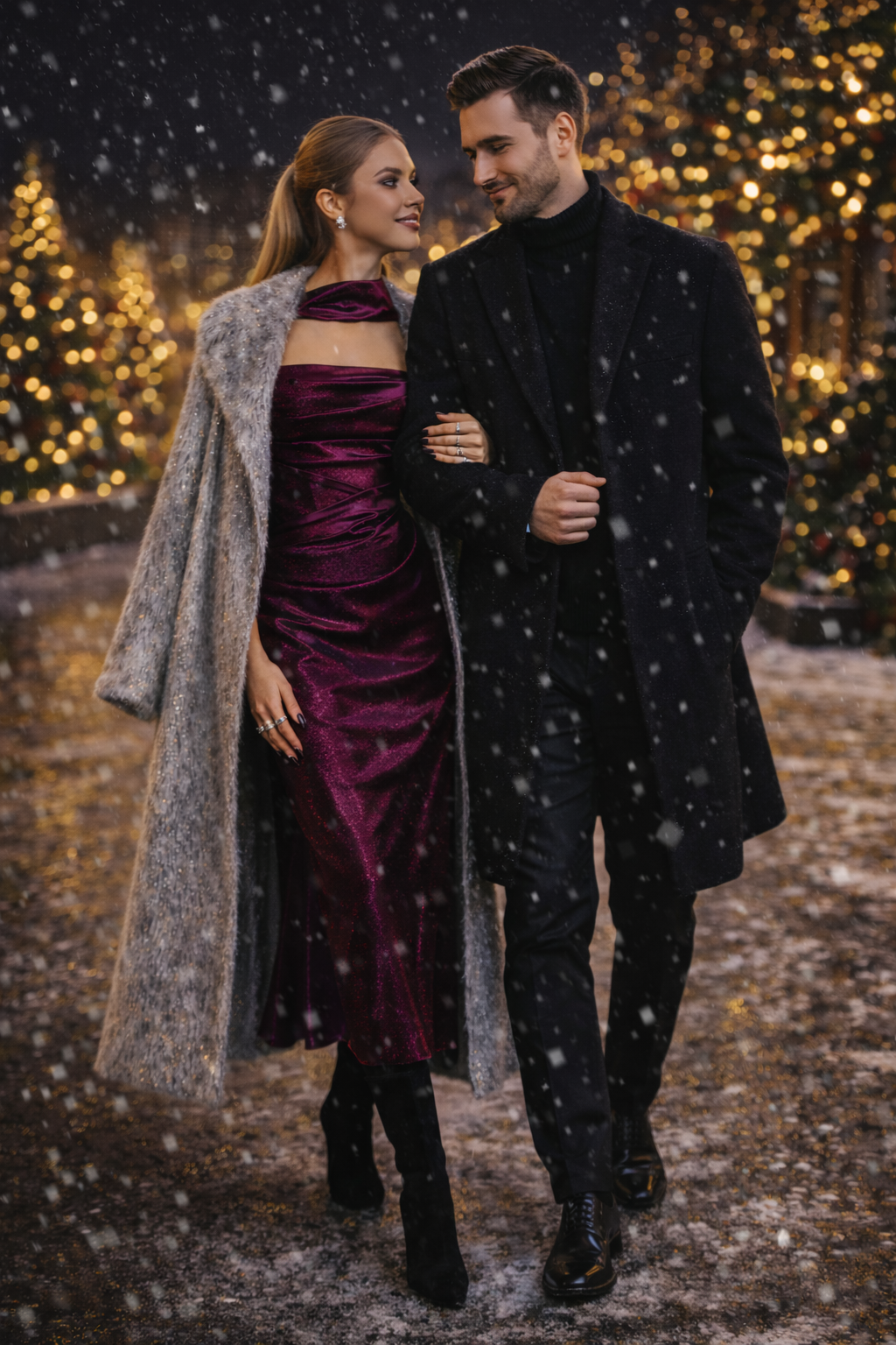 Two people walking arm in arm through falling snow, dressed in elegant dark formalwear.