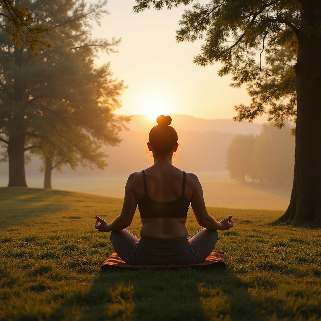 Person meditating on a mat in a misty park at sunrise, with trees framing the glowing horizon.