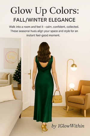 Fall/winter elegance poster showing a woman in a green dress in a cozy living room.