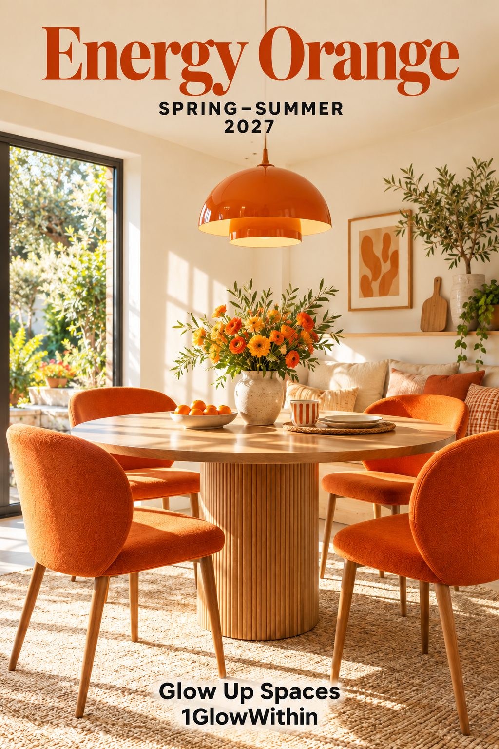 Breakfast nook with energy orange accents and natural light
