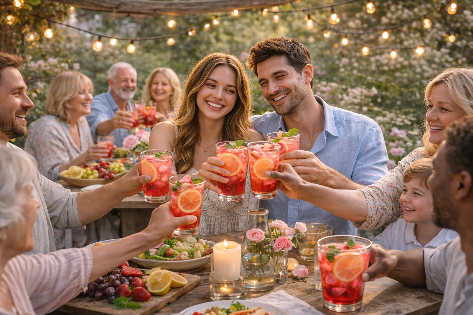 Family and friends enjoying hibiscus rose lemonade at a festive outdoor gathering