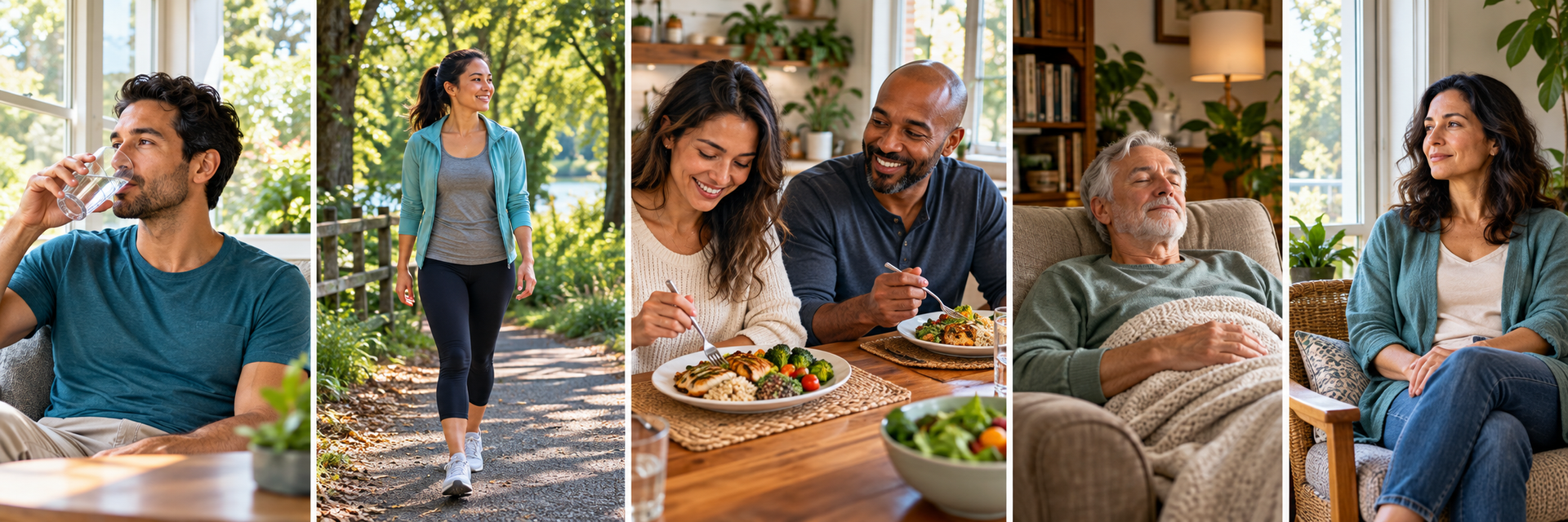 Everyday wellness habits: morning hydration, walking, balanced meals, restful breaks, and mindful moments.