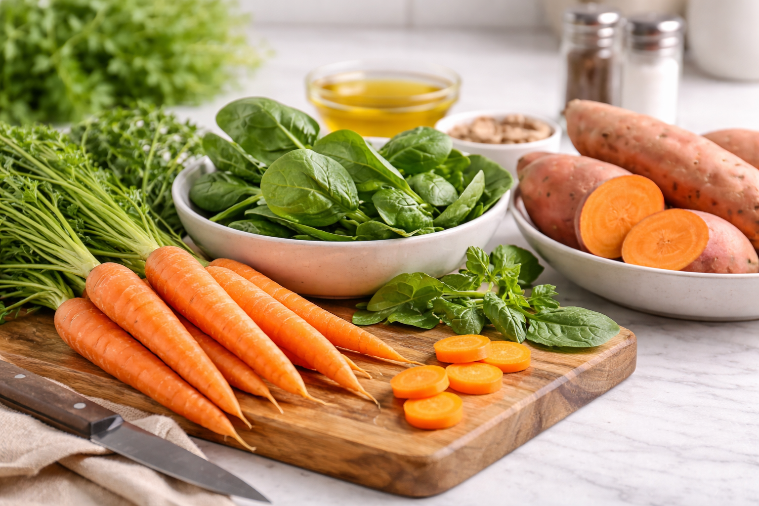 Fresh carrots, spinach, sweet potatoes, and herbs on a kitchen cutting board with bowls and olive oil